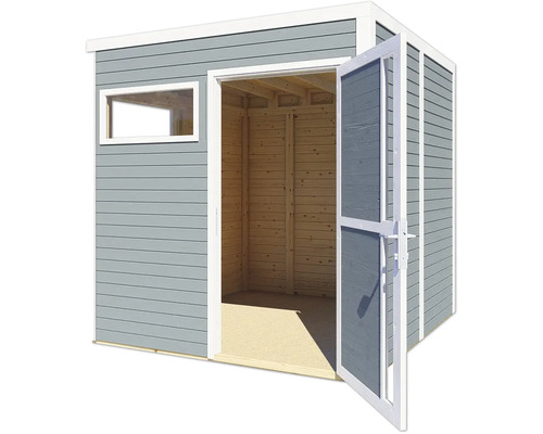 Zahradní domek s otevřenými dveřmi a oknem