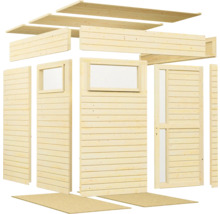 Jednotlivé části dřevěného zahradního domku s okny a dveřmi