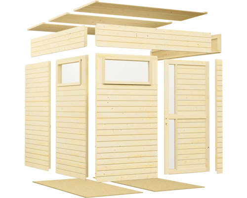 Jednotlivé části dřevěného zahradního domku s okny a dveřmi