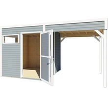 Dřevěný zahradní domek s dvoukřídlými dveřmi a přístřeškem