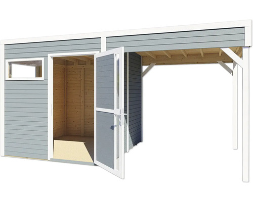 Dřevěný zahradní domek s dvoukřídlými dveřmi a přístřeškem