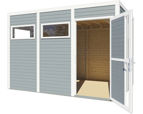 Zahradní domek se dvěma okny a otevřenými dvoukřídlými dveřmi