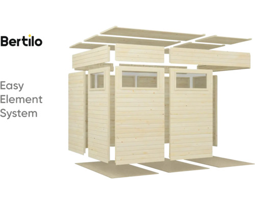 Logo Bertilo. Obrázek zahradního domku v jednoduchém elementovém systému.