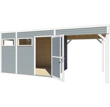 Dřevěný zahradní domek se dvěma okny a otevřenými dvoukřídlými dveřmi