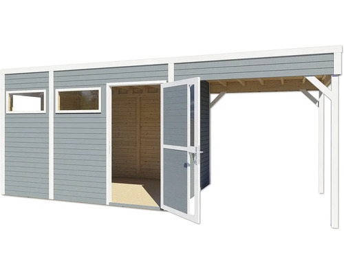 Dřevěný zahradní domek se dvěma okny a otevřenými dvoukřídlými dveřmi