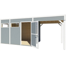 Dřevěný zahradní domek s okny a otevřenými dveřmi