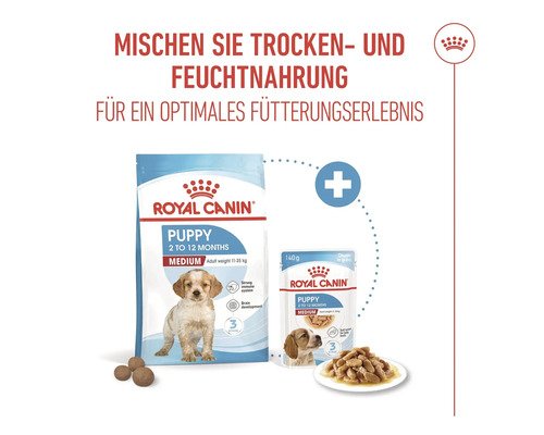 Logo Royal Canin. Balení suchého a vlhkého krmiva pro štěňata střední velikosti