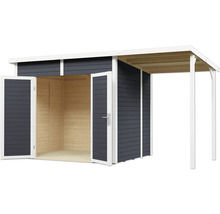 Zahradní domek s dvoukřídlými dveřmi a stříškou