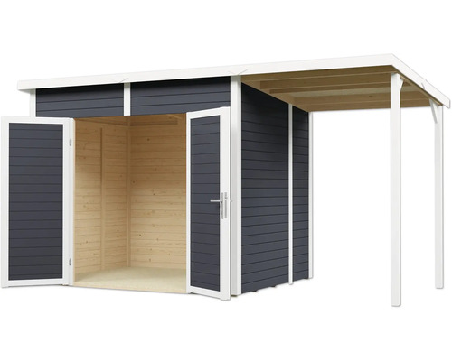 Zahradní domek s dvoukřídlými dveřmi a stříškou