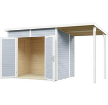 Dřevěný zahradní domek s dvoukřídlými dveřmi a markýzou