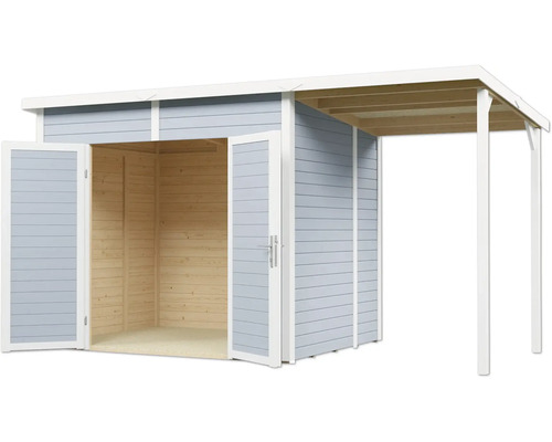 Dřevěný zahradní domek s dvoukřídlými dveřmi a markýzou