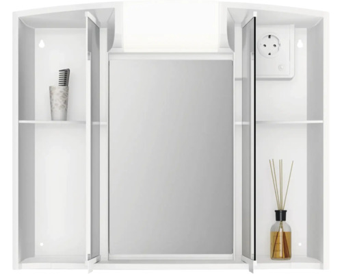 Bílá zrcadlová skříňka s policemi a zásuvkou do koupelny