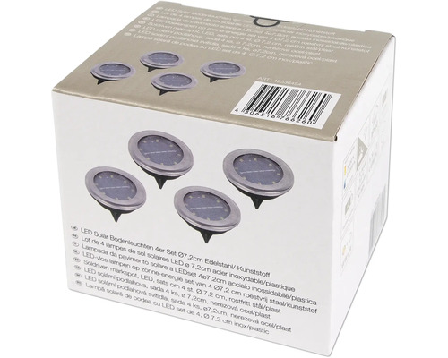 Balení čtyř LED solárních zemních svítidel, průměr 7,2 centimetru, z nerezové oceli a plastu