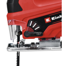 Detailní pohled na přímočarou pilu Einhell s nastavením kyvadlového zdvihu a ochranou proti třískám