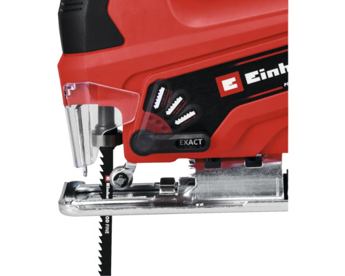 Detailní pohled na přímočarou pilu Einhell s nastavením kyvadlového zdvihu a ochranou proti třískám