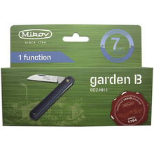 Zahradní nůž Mikow v balicí krabici s logem výrobce a pečetí záruky