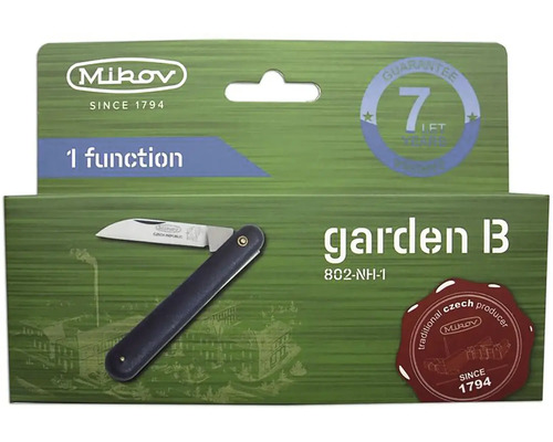 Zahradní nůž Mikow v balicí krabici s logem výrobce a pečetí záruky