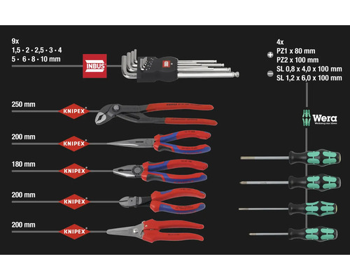 Sortiment různých ručních nástrojů, včetně imbusových klíčů, kleští a šroubováků