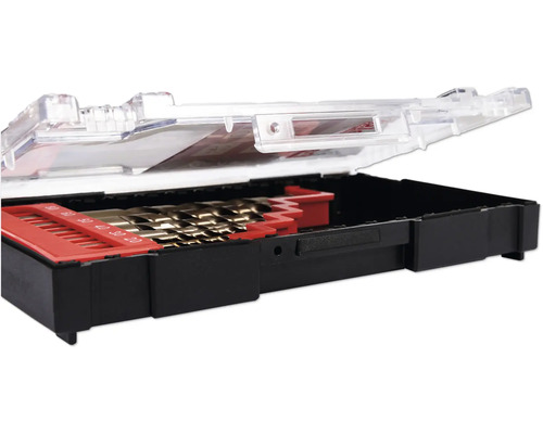 Sada vrtáků v otevřeném plastovém kufříku