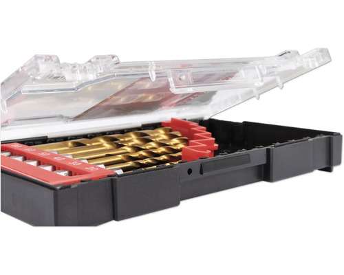 Sada vrtáků v otevřeném plastovém kufříku