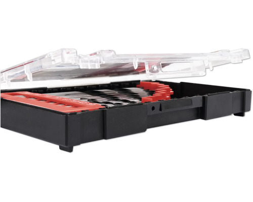 Sada vrtáků s různými vrtáky v černém plastovém kufříku s průhledným víkem.