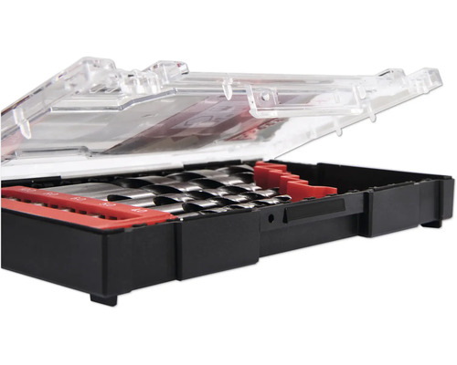 Sada vrtáků v otevřené krabičce s průhledným víkem