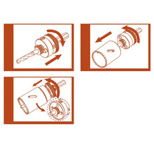 Ilustrace děrovací pily s vrtákem a upevněním