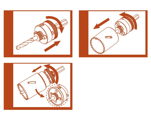 Ilustrace děrovací pily s vrtákem a upevněním