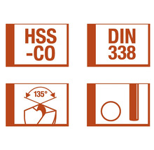 Symboly pro vrtáky: HSS-CO, DIN 338, úhel špičky 135 stupňů, průměr vrtáku