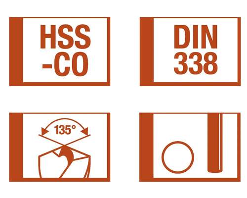 Symboly pro vrtáky: HSS-CO, DIN 338, úhel špičky 135 stupňů, průměr vrtáku