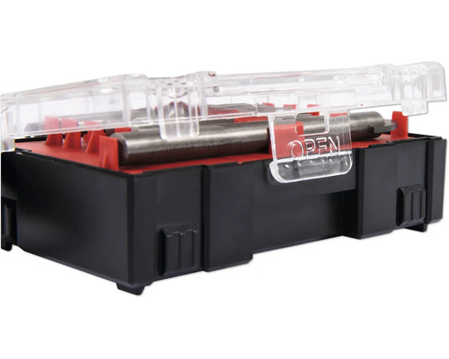 Sada vrtáků v černé plastové krabičce s průhledným víkem