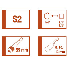 Informace o oceli S2, šestihranném úchytu ¼ palce, čtyřhranném úchytu ¼ palce a 3/8 palce, dále o 55milimetrovém držáku bitů a nástrčných klíčích 8, 10 a 13 milimetrů