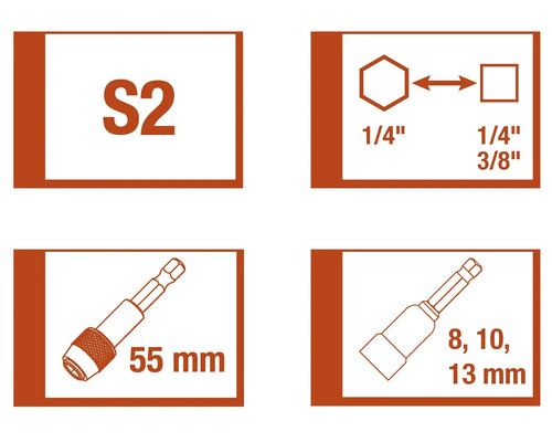 Informace o oceli S2, šestihranném úchytu ¼ palce, čtyřhranném úchytu ¼ palce a 3/8 palce, dále o 55milimetrovém držáku bitů a nástrčných klíčích 8, 10 a 13 milimetrů