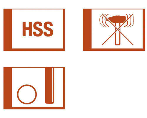 Symbol HSS, symbol zákazu úderu kladivem, symbol děrovací pily