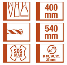 Symboly a rozměry vrtáku: tvary vrtáku, 400 mm, 540 mm, SDS Max, průměr 18 mm, 20 mm, 22 mm, 25 mm