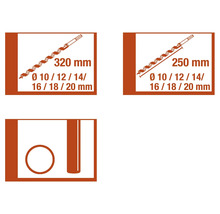 Informace o vrtácích do dřeva o rozměrech 320 mm a 250 mm a průměrech 10, 12, 14, 16, 18 a 20 mm.