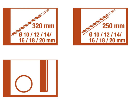 Informace o vrtácích do dřeva o rozměrech 320 mm a 250 mm a průměrech 10, 12, 14, 16, 18 a 20 mm.