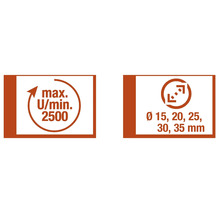 Symbol pro maximální otáčky 2500 ot./min a průměr vrtání 15, 20, 25, 30, 35 mm