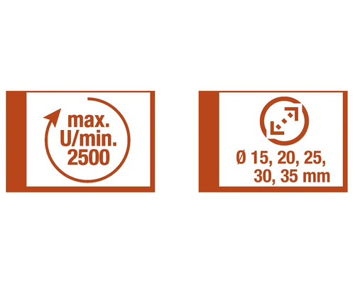 Symbol pro maximální otáčky 2500 ot./min a průměr vrtání 15, 20, 25, 30, 35 mm