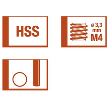 Symbol HSS, symbol závitu průměr 3,3 milimetru, symbol M4