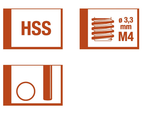 Symbol HSS, symbol závitu průměr 3,3 milimetru, symbol M4