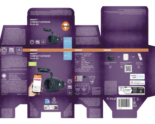 Balení kompaktní venkovní zásuvky Osram Smart+ s technickými detaily