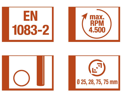Norma EN 1083-2, maximální otáčky 4500 otáček za minutu, průměr 25, 28, 75, 75 milimetrů