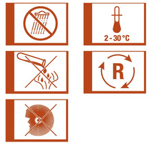 Piktogramy: Chraňte před vlhkostí, skladovací teplota 2 až 30 stupňů, žíravé, recyklace a ochrana očí