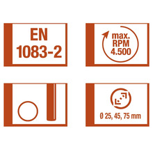 Norma EN 1083-2, maximální otáčky 4500 ot/min, průměr 25, 45, 75 milimetrů