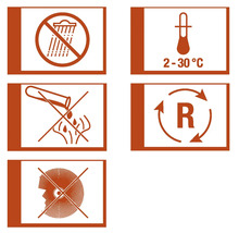 Symboly pro skladování a manipulaci s produktem: Chraňte před deštěm, skladovací teplota 2 až 30 stupňů, nevylévejte do kanalizace, recyklace, používejte ochranu očí