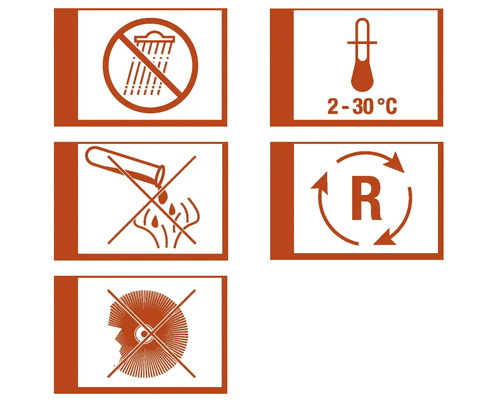 Symboly pro skladování a manipulaci s produktem: Chraňte před deštěm, skladovací teplota 2 až 30 stupňů, nevylévejte do kanalizace, recyklace, používejte ochranu očí