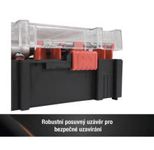Detailní pohled na kufřík na nářadí s průhledným víkem a červeným uzávěrem