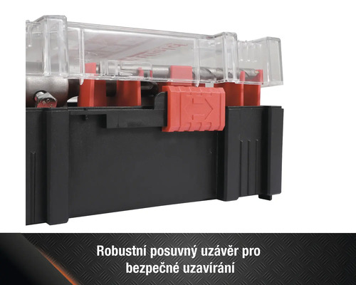 Detailní pohled na kufřík na nářadí s průhledným víkem a červeným uzávěrem
