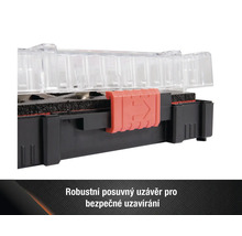 Detailní záběr kufříku na nářadí s průhledným víkem a posuvným uzávěrem